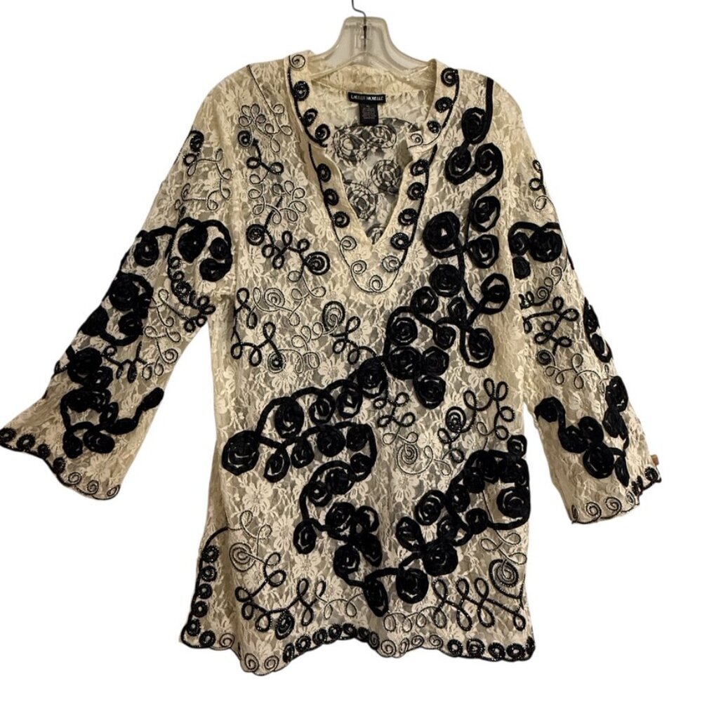 Lauren Michelle Tunic Top SZ XL Glam Sedona Museum Stretchy Embroidered Metallic